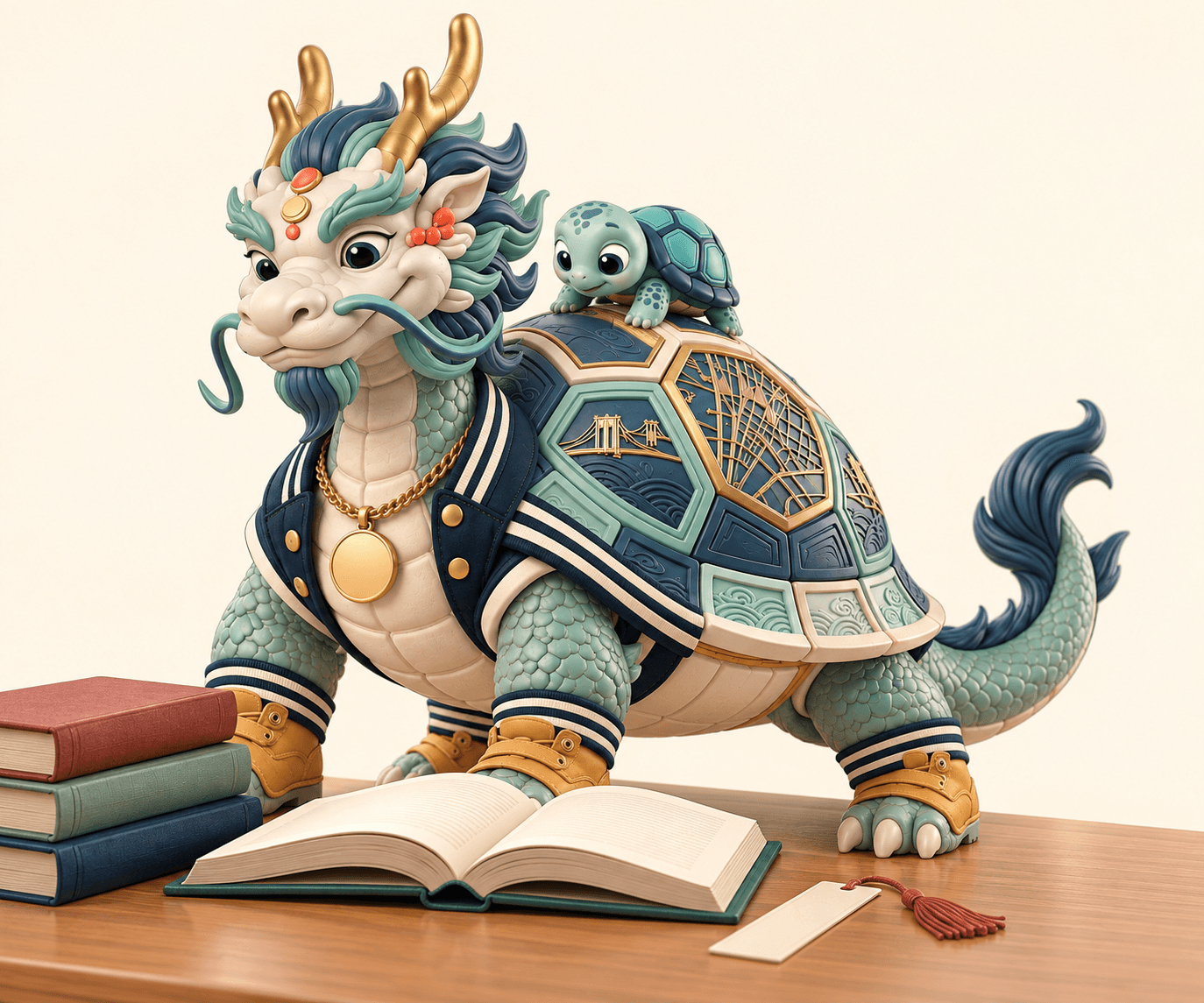 Long-Guizzy reads a field manual while the baby turtle looks on from his shell.